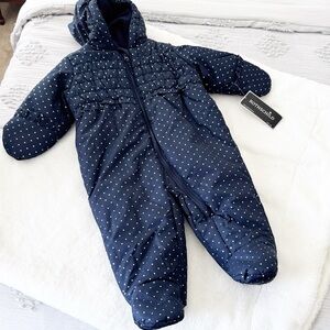 Rothschild navy blue & white polka dot ruffled pram fleece lined snow suit 12M